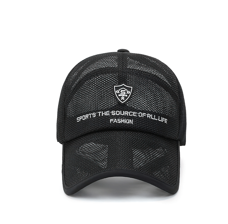 Fashion Mesh Embroidery Design Baseball Cap SF0768 - Unisex adjustable black cap with sporty text for casual style protection.